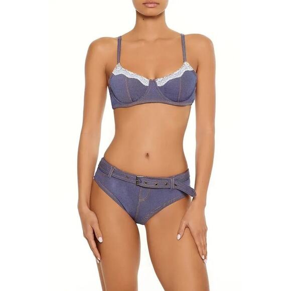 NWT Forever 21 Denim Lace-Trim Underwire Bikini Top & Bikini Bottom Set Size XL - Picture 2 of 12